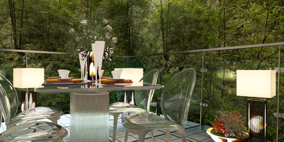 outdoor dining area with transparent chairs and elegantly set table in a serene forest backdrop, showcasing modern design and Homestyler's real-time 3D rendering functionality for visualizing dining spaces.
