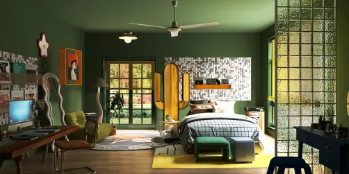 colorful bedroom design featuring a green accent wall, showcasing a personalized workspace, and utilizing Homestyler's real-time 3D rendering for an immersive interior decor experience.