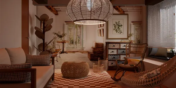 cozy living room with natural lighting and stylish furniture arrangement in a modern rustic style, showcasing interior decor using Homestyler's real-time 3D rendering feature for quick design previews.