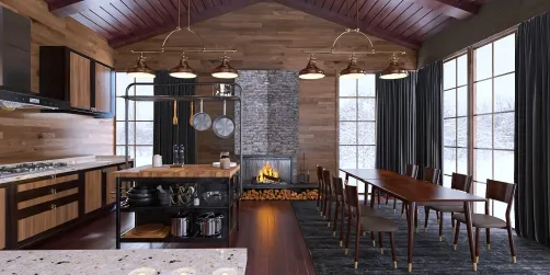 Winter Cabin Kitchen and Living Room