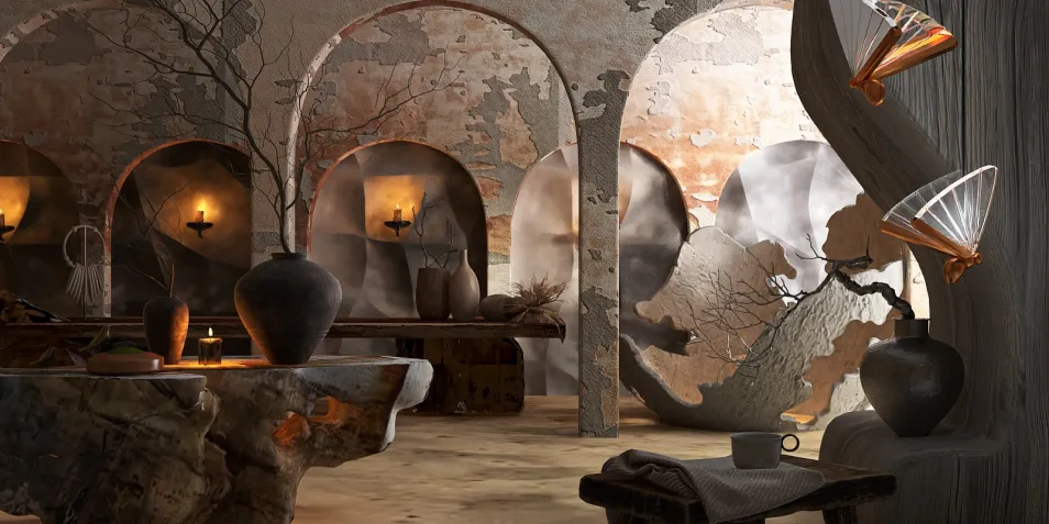 rustic interior with arched walls and decorative vases featuring a warm color palette, showcasing a trendy design style, utilizing Homestyler's real-time 3D rendering for visualizing renovation effects.