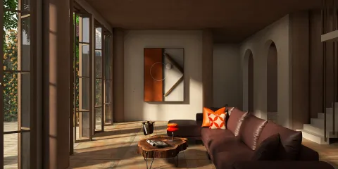 modern living room with a cozy sofa arrangement featuring a patterned throw pillow, designed using Homestyler for an inviting atmosphere and warm lighting, showcasing a blend of contemporary style and natural elements.