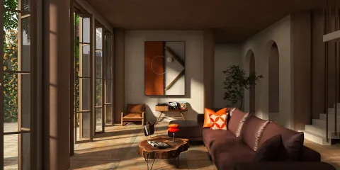 modern living room showcasing 3D interior design with cozy furniture arrangement and warm tones, optimized for small space living using Homestyler's real-time 3D rendering feature.