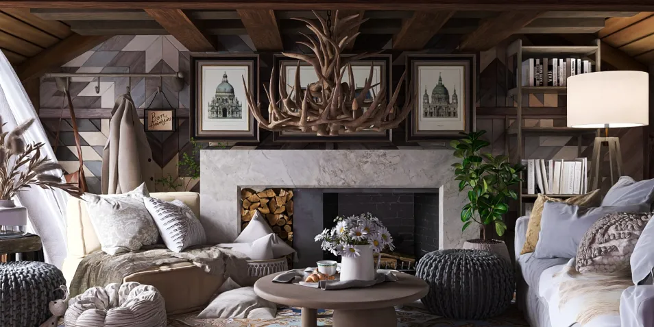 cozy living room with a fireplace and decorative antlers featuring rustic furniture arrangement in a warm, inviting style for an interior design project using Homestyler's real-time 3D rendering for design proposals.