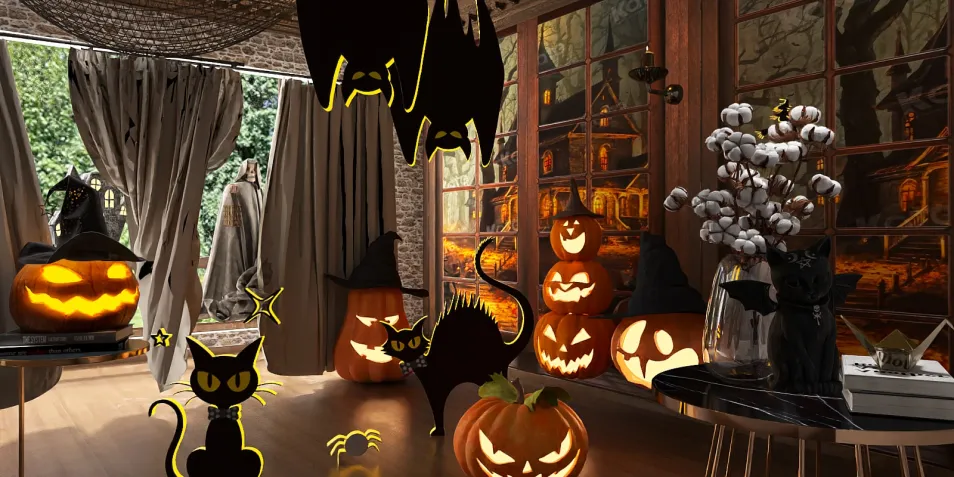 Halloween-themed living room with carved pumpkins and spooky decorations, enhancing festive interior design; featuring Homestyler's real-time 3D rendering for immersive visualization.