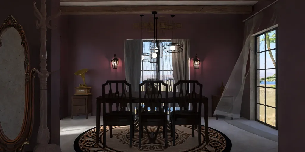 a dining room table with chairs and a mirror 