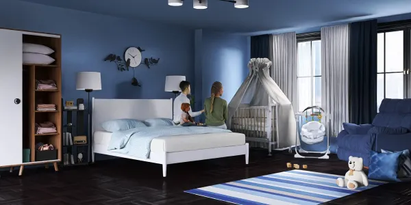 cozy bedroom with a bed and cribs styled in a modern design showcasing family interaction, featuring Homestyler's real-time 3D rendering for immersive interior design previews