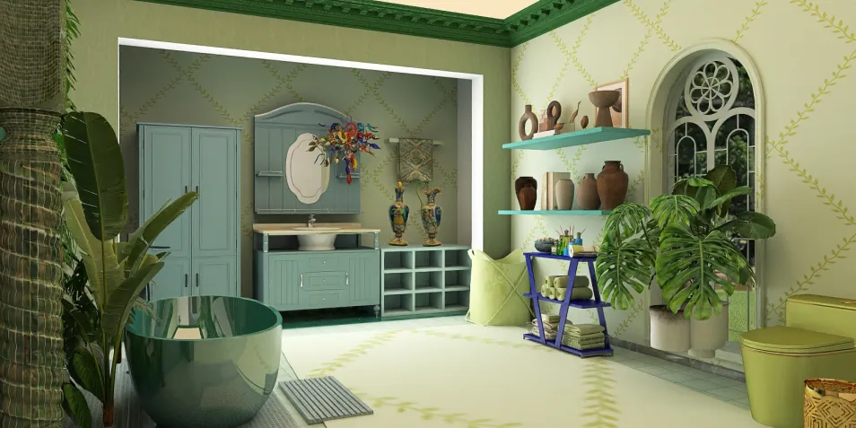A modern bathroom interior featuring a stylish green bathtub, vibrant plants, and decorative vases, designed using Homestyler's real-time 3D rendering feature for a fresh and lively ambiance.