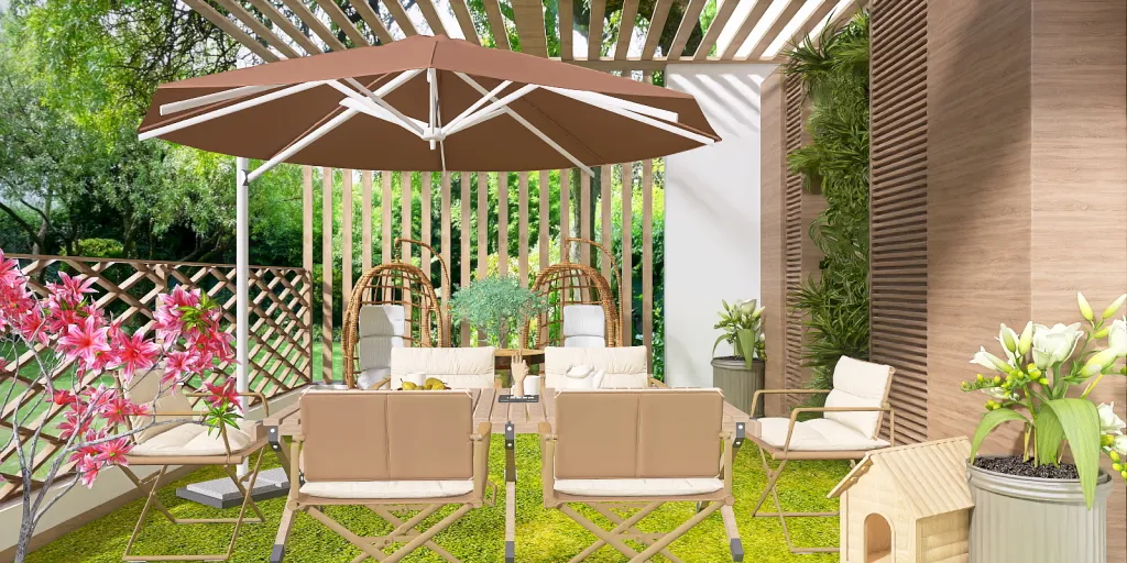a table with a umbrella and chairs in a garden 