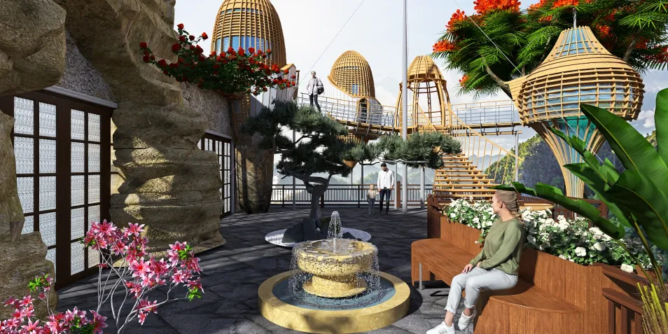 outdoor garden space featuring a decorative water fountain surrounded by lush greenery and comfortable seating in a modern design style, showcasing Homestyler's real-time 3D rendering capabilities.