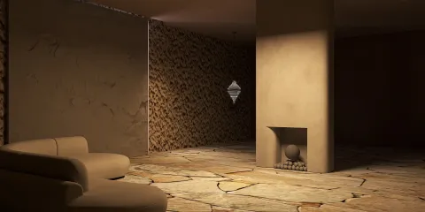 modern living room design featuring a minimalist sofa and stone floor, showcasing a warm, earthy aesthetic, optimized for interior decor with Homestyler's real-time 3D rendering feature.