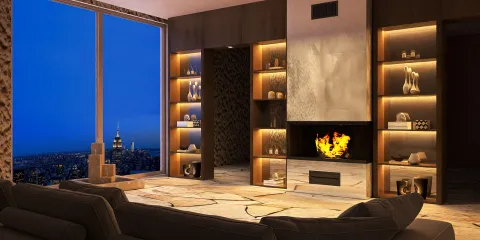 modern living room with cozy fireplace featuring smart furniture arrangement in a sleek contemporary style aimed at enhancing space efficiency using Homestyler's real-time 3D rendering.