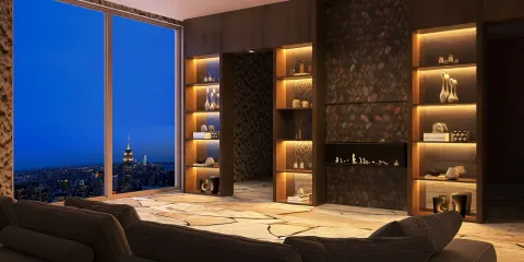 modern living room showcasing a stylish open floor plan with smart furniture arrangement, featuring a cozy fireplace and ambient lighting to enhance the evening atmosphere, utilizing Homestyler's real-time 3D rendering for immersive interior design.