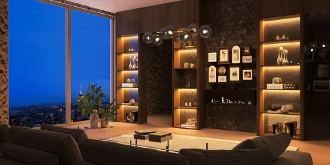 modern living room design featuring stylish furniture arrangement with a cozy ambiance highlighting urban views, utilizing Homestyler's real-time 3D rendering for effective interior decor presentation.