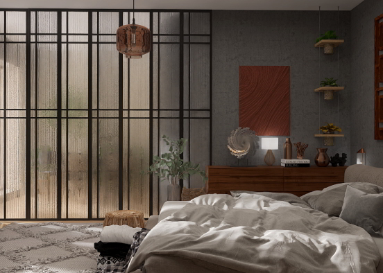 Wabi-Sabi bedroom with warm lighting Design Rendering