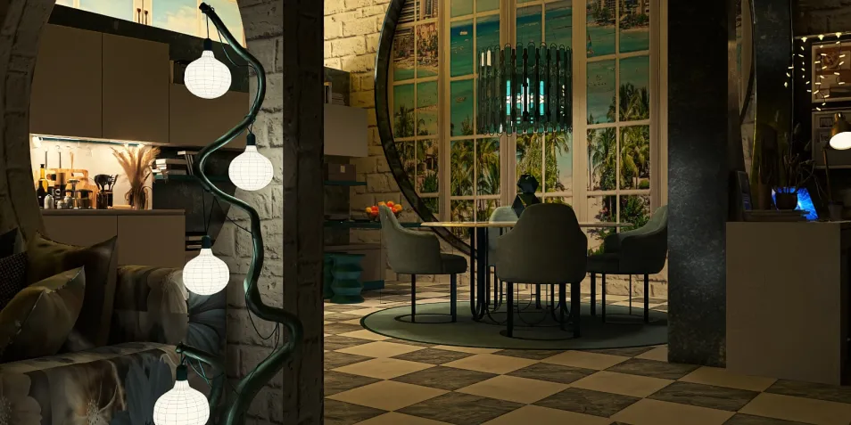 cozy dining area with stylish furniture arrangement in a modern contemporary design showcasing smart furniture placement using Homestyler's 3D rendering feature for accurate design visualization.