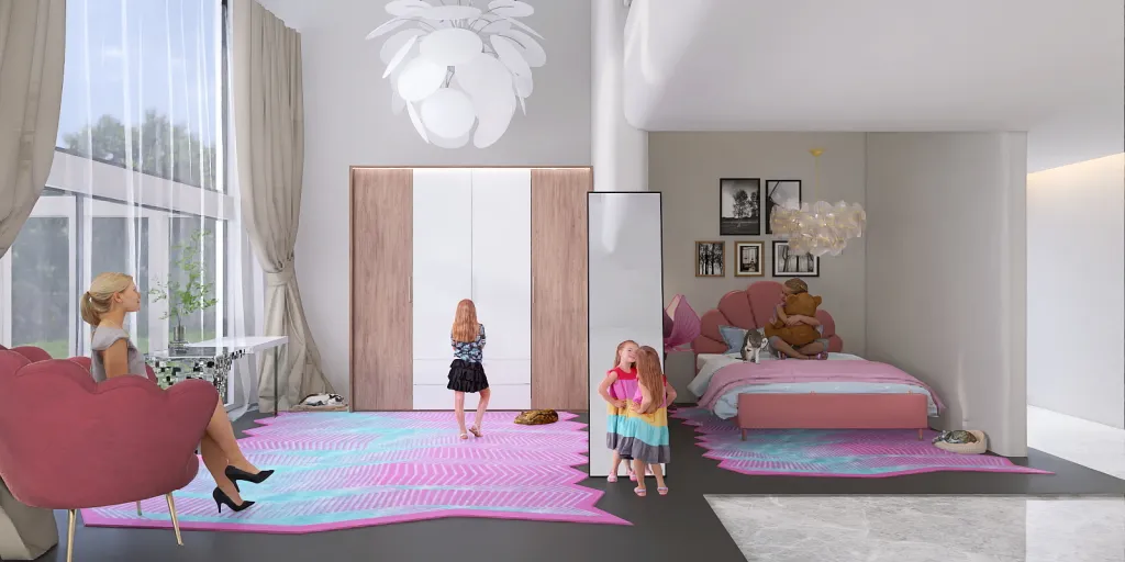 a woman and a child are in a bedroom 