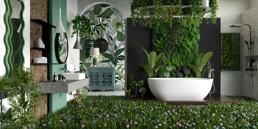 a bathroom with a large garden with plants growing in it 