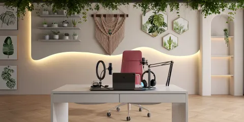 Modern office with ergonomic chair and stylish decorations, featuring greenery and ambient lighting, showcasing interior design; highlights Homestyler's real-time 3D rendering capabilities for design preview.