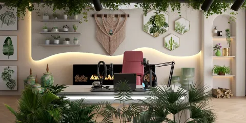 Home office setup featuring a stylish workstation surrounded by greenery and decorative plants, showcasing a modern and cozy interior design style, enhanced with Homestyler's real-time 3D rendering feature for effective design proposal presentation.