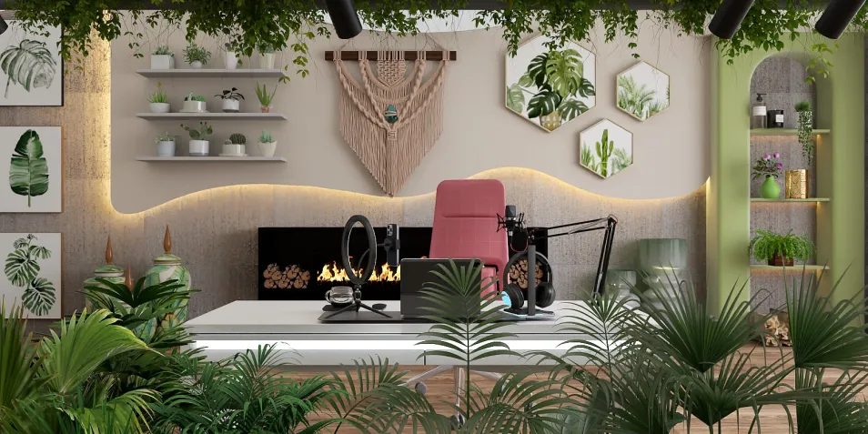 Home office setup with plants and modern decor, featuring a workspace design that promotes productivity and relaxation, utilizing Homestyler's real-time 3D rendering capabilities.