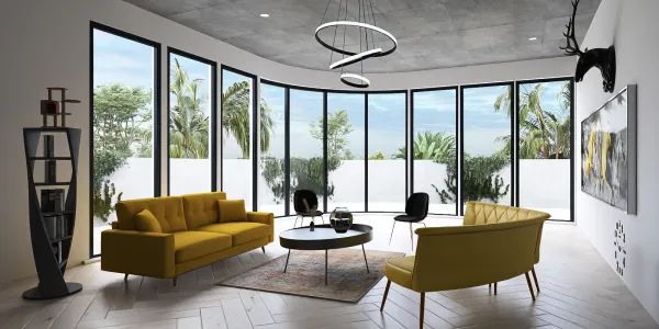 Modern living room with large windows featuring yellow sofas and a round coffee table, showcasing a contemporary design style and maximizing natural light, created using Homestyler's real-time 3D rendering feature.