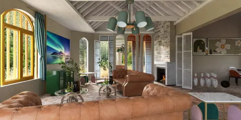 spacious living room featuring a cozy leather sofa arrangement with green accents and large windows, showcasing a blend of modern and rustic design styles, enhanced by Homestyler's real-time 3D rendering for a detailed preview of the interior decor.