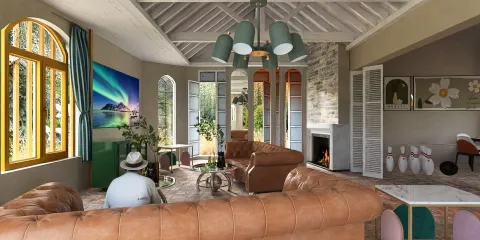 a cozy living room featuring a comfortable leather sofa and stylish decor, showcasing a modern rustic design aesthetic with a focus on natural light and greenery, utilizing Homestyler's real-time 3D rendering for a detailed design proposal.
