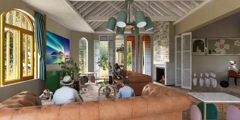 cozy living room with leather sofas blending modern and rustic styles, showcasing indoor plants and art, featuring Homestyler's real-time 3D rendering to preview design concepts.
