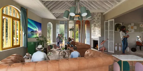 modern living room design showcasing family interaction with smart furniture arrangement and natural lighting, emphasizing homestyler's real-time 3D rendering feature.