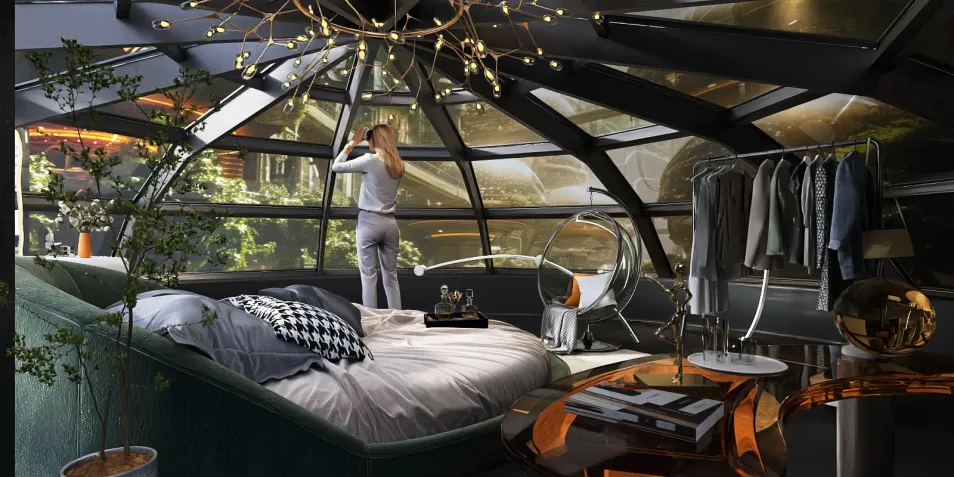a modern bedroom with a panoramic glass dome, featuring a cozy bed and stylish decor, showcasing an innovative interior design concept using Homestyler's smart furniture arrangement feature