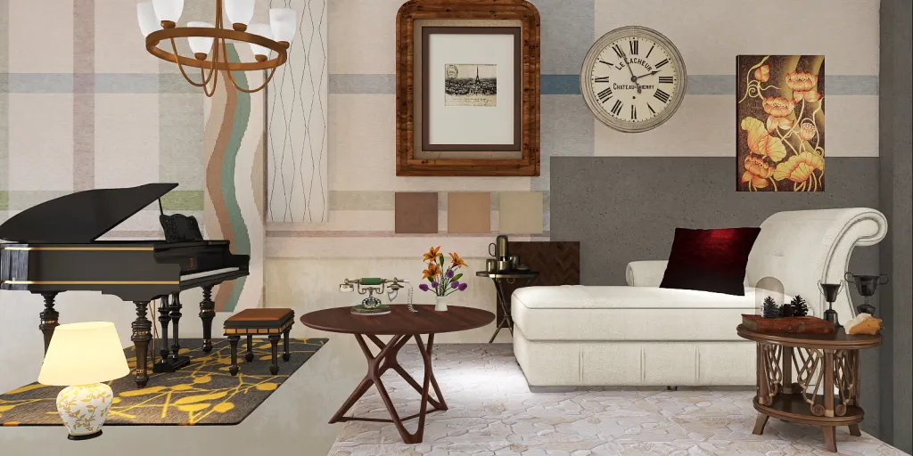 a living room with a piano, a clock, and a rug 