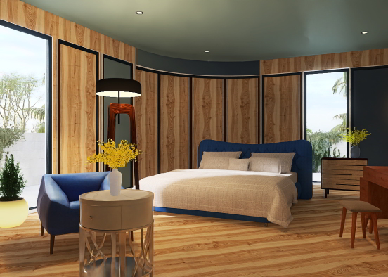 Wooden blue bedroom  Design Rendering