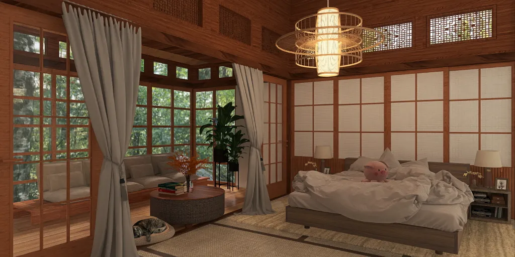 a bedroom with a bed, a table, and a window 