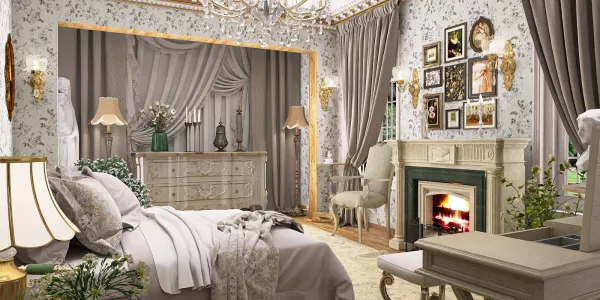 luxurious bedroom design featuring floral wallpaper and elegant decor, showcasing a cozy fireplace and ornate lighting, enhanced by Homestyler's real-time 3D rendering for effective interior design visualization.