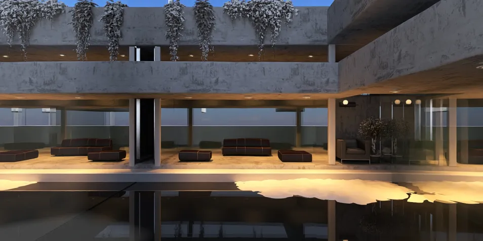 modern lounge area featuring comfortable seating and ambient lighting, showcasing a contemporary open interior design aesthetic in a spacious outdoor-influenced environment using Homestyler's real-time 3D rendering.