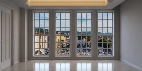 A bright and spacious room with large windows showcasing a scenic view, featuring contemporary interior design elements and an open layout, highlighting the Homestyler real-time 3D rendering capability.