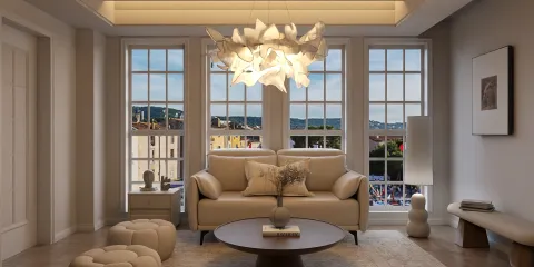 Living room with a modern sofa and unique chandelier design in neutral tones, showcasing a cozy and inviting atmosphere; featuring interior decor elements optimized for space using Homestyler's real-time 3D rendering functionality.