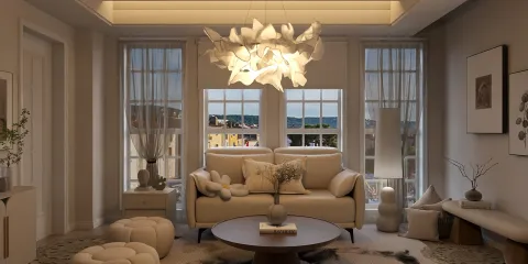 Cozy living room featuring a contemporary sofa and artistic lighting design, showcasing a modern interior decor style; highlights Homestyler's real-time 3D rendering feature for instant redesign previews.