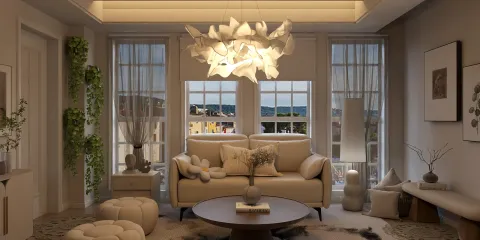 cozy living room with soft furniture arrangement featuring a stylish light fixture and decorative plants, designed in a contemporary style, showcasing interior decor optimization using Homestyler's real-time 3D rendering feature.