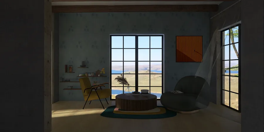 a room with a table and chairs and a window 