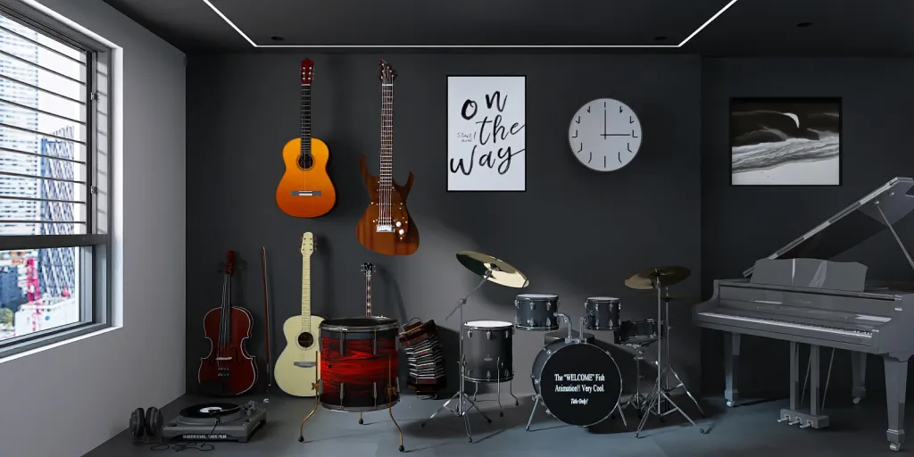 a room with a desk, a guitar, a clock and a painting 