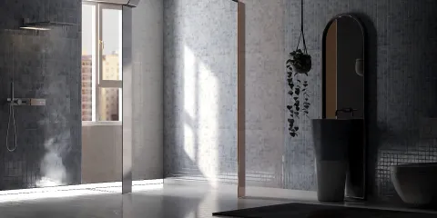 modern bathroom featuring sleek fixtures and natural light, showcasing a minimalist design style to optimize space, utilizing Homestyler's real-time 3D rendering functionality for design previews.