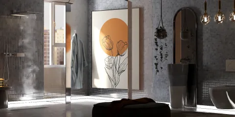 modern bathroom design featuring a clear shower enclosure with floral artwork and earthy tones, utilizing Homestyler's real-time 3D rendering for a realistic preview of the space