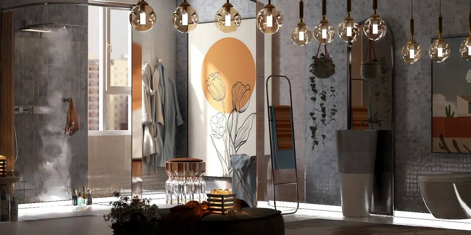 Modern bathroom featuring a dynamic wall mural and elegant pendant lighting, showcasing a cozy and stylish interior decor design; highlighting the real-time 3D rendering capability of Homestyler.