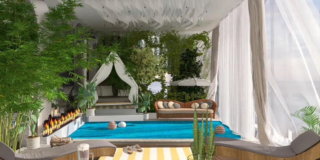 a pool with a large tub and a chair 
