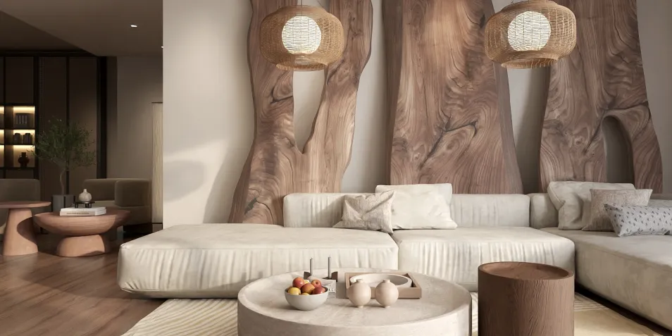 Cozy living room featuring a sectional sofa with soft textures, designed in a modern bohemian style, showcasing interior decor ideas with Homestyler's real-time 3D rendering capability.