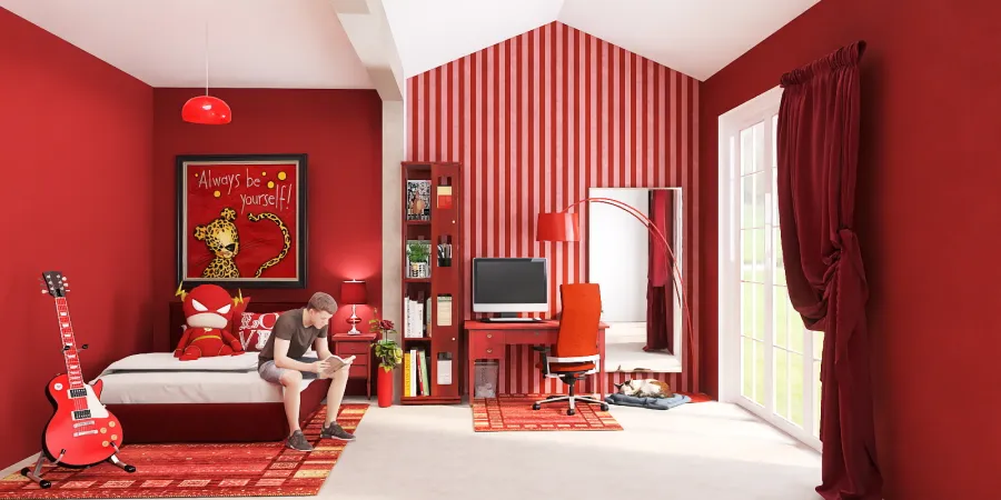 a living room with a red couch and a red fire place 