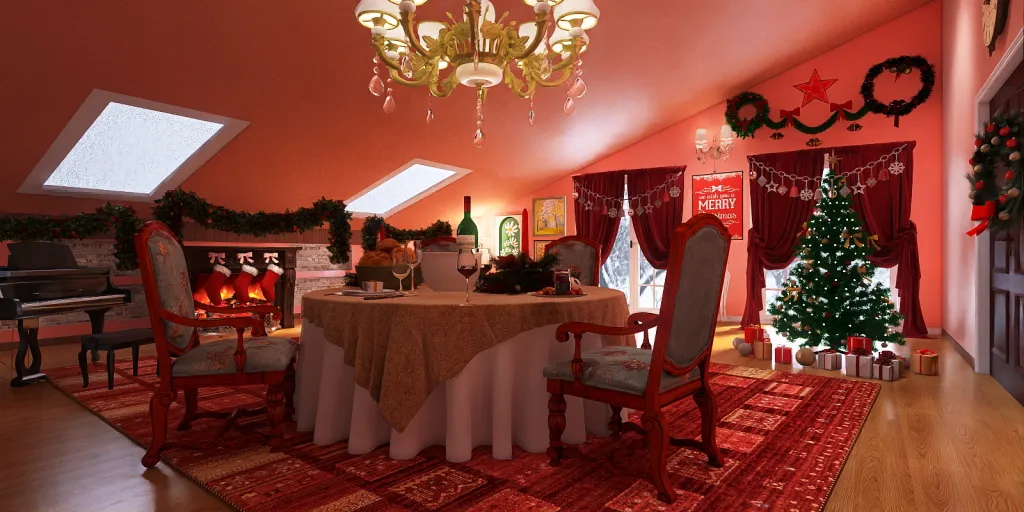 a room with a table and chairs and a table with a christmas tree 
