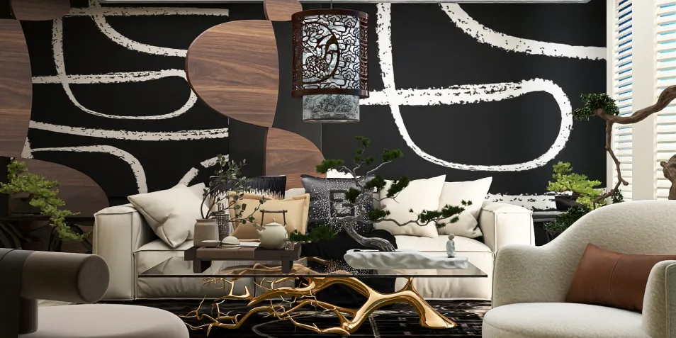 modern living room design featuring a unique abstract wall mural and stylish furniture arrangement emphasizing aesthetic space values with Homestyler's real-time 3D rendering for effective design proposal visualization.